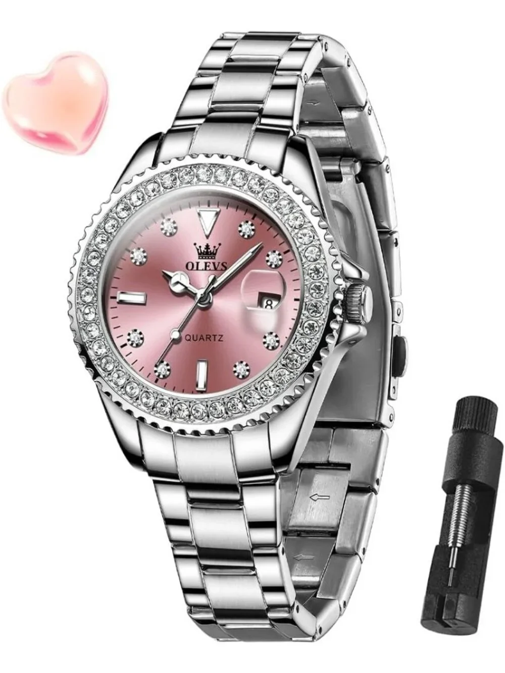 Women's Pink Luxury Diamond with Date Analog Quartz Waterproof Wrist Watch